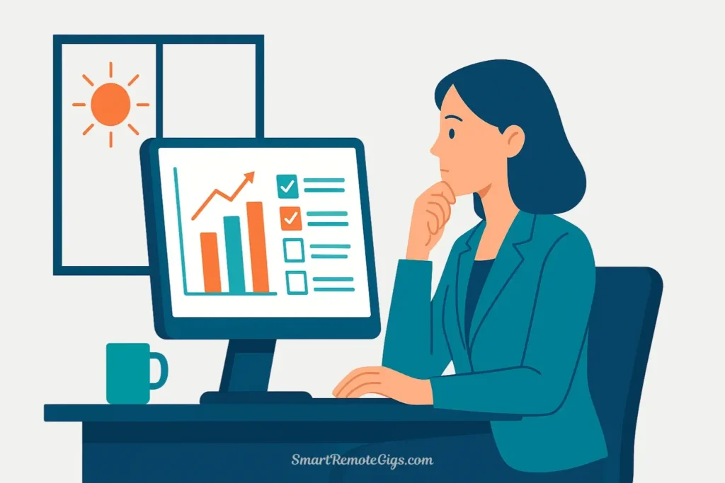 A remote project manager starting her day with focused work, reviewing project plans and aligning tasks in the morning.