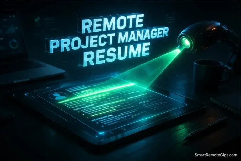 3D cinematic illustration of a remote project manager resume being scanned by a futuristic ATS bot algorithm.