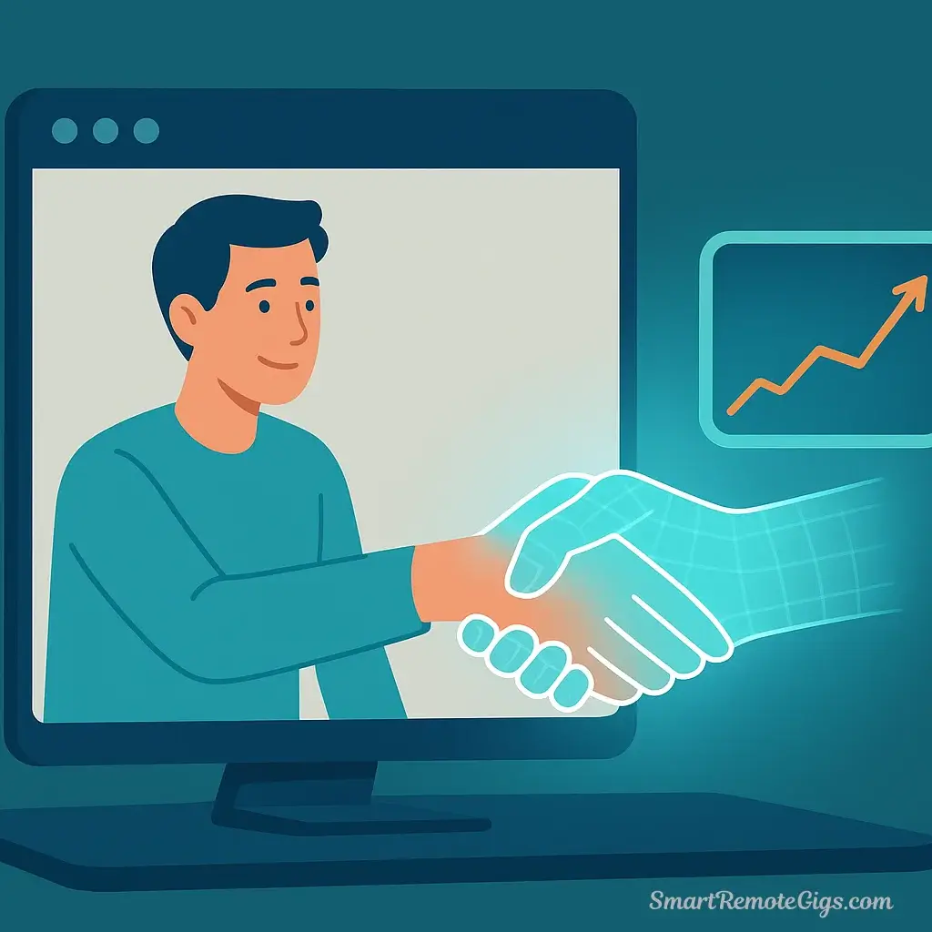 An illustration of a person on a video call successfully negotiating a job offer, symbolized by a rising salary graph and a digital handshake, representing the final step of securing a remote role.