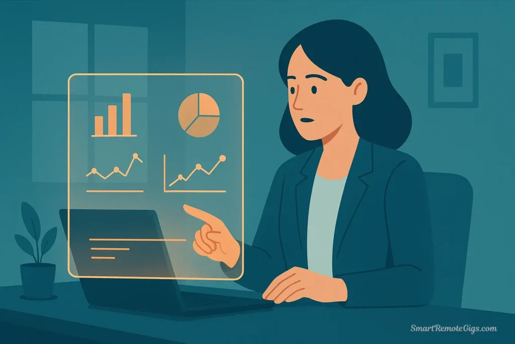 An illustration of Sarah, a remote social media manager, analyzing data on a large holographic dashboard showing charts and graphs, representing her strategic work in the afternoon.