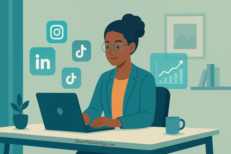A remote social media manager works efficiently at a modern desk, with holographic icons for social media and analytics floating around them, representing the complete 2025 guide.
