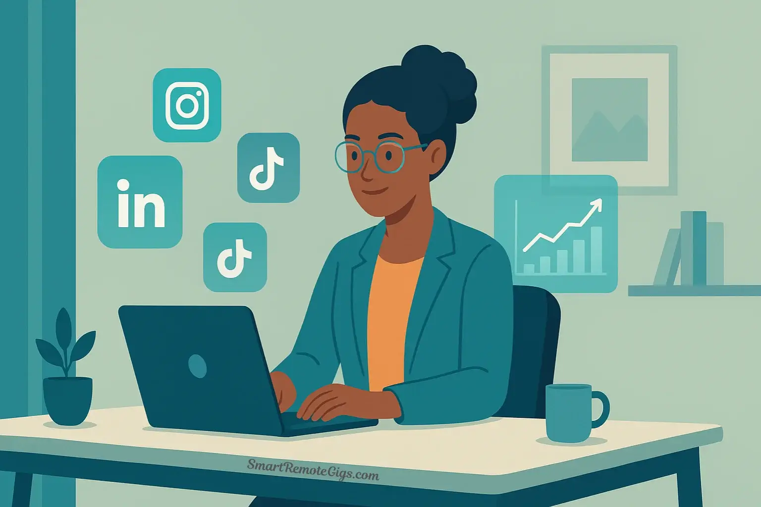 A remote social media manager works efficiently at a modern desk, with holographic icons for social media and analytics floating around them, representing the complete 2025 guide.