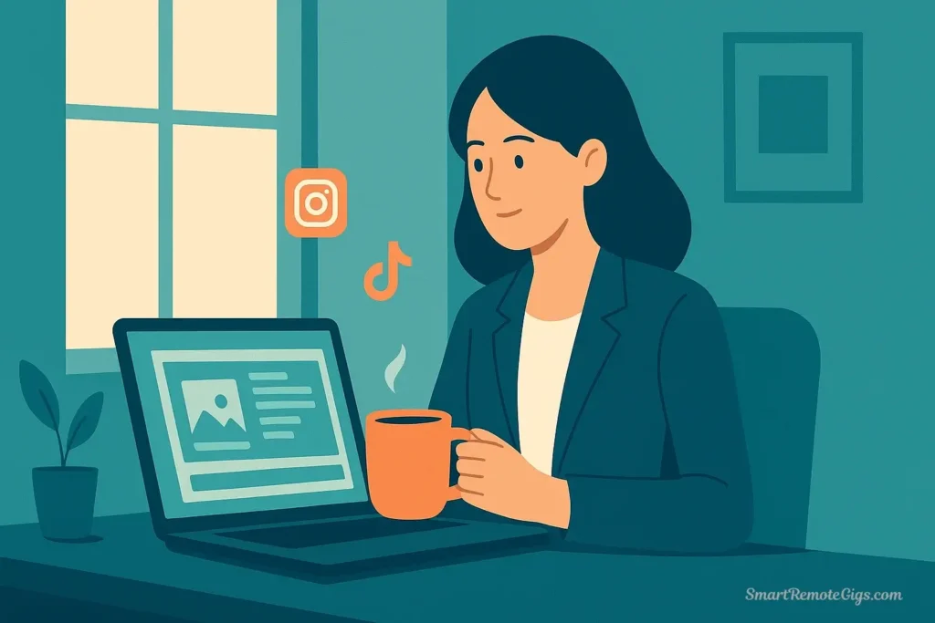 An illustration of Sarah, a remote social media manager, at her desk in the morning with a coffee, focused on creating content on her laptop with social media icons visible.