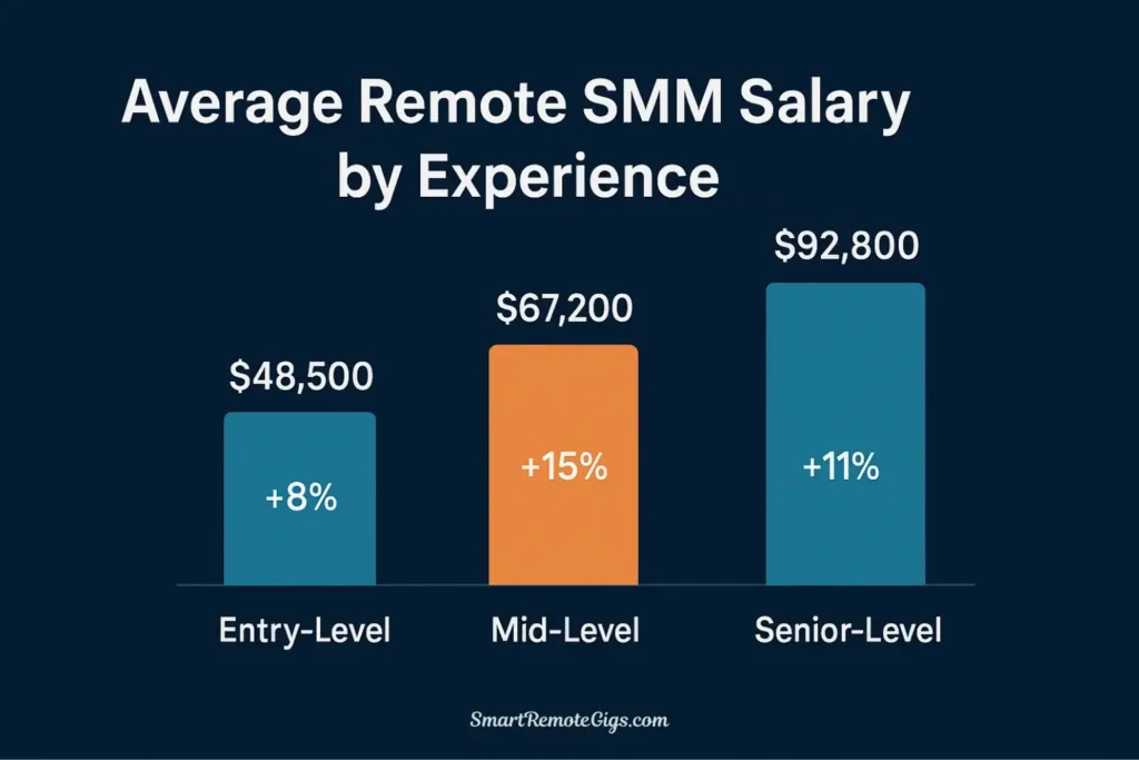 A bar chart showing the average 2025 salaries for remote social media managers by experience level: Entry-Level at $48,500, Mid-Level at $67,200, and Senior-Level at $92,800.