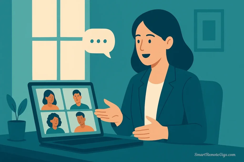 An illustration of Sarah, a remote social media manager, participating in a team video call on her computer, with multiple colleagues visible on the screen.