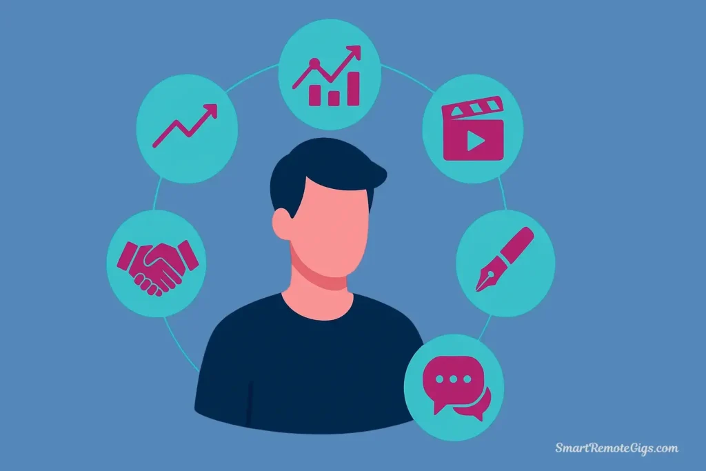 An illustration of a remote TikTok specialist at the center, surrounded by glowing icons that represent their key responsibilities: trend analysis, video creation, copywriting, community engagement, and performance analytics.