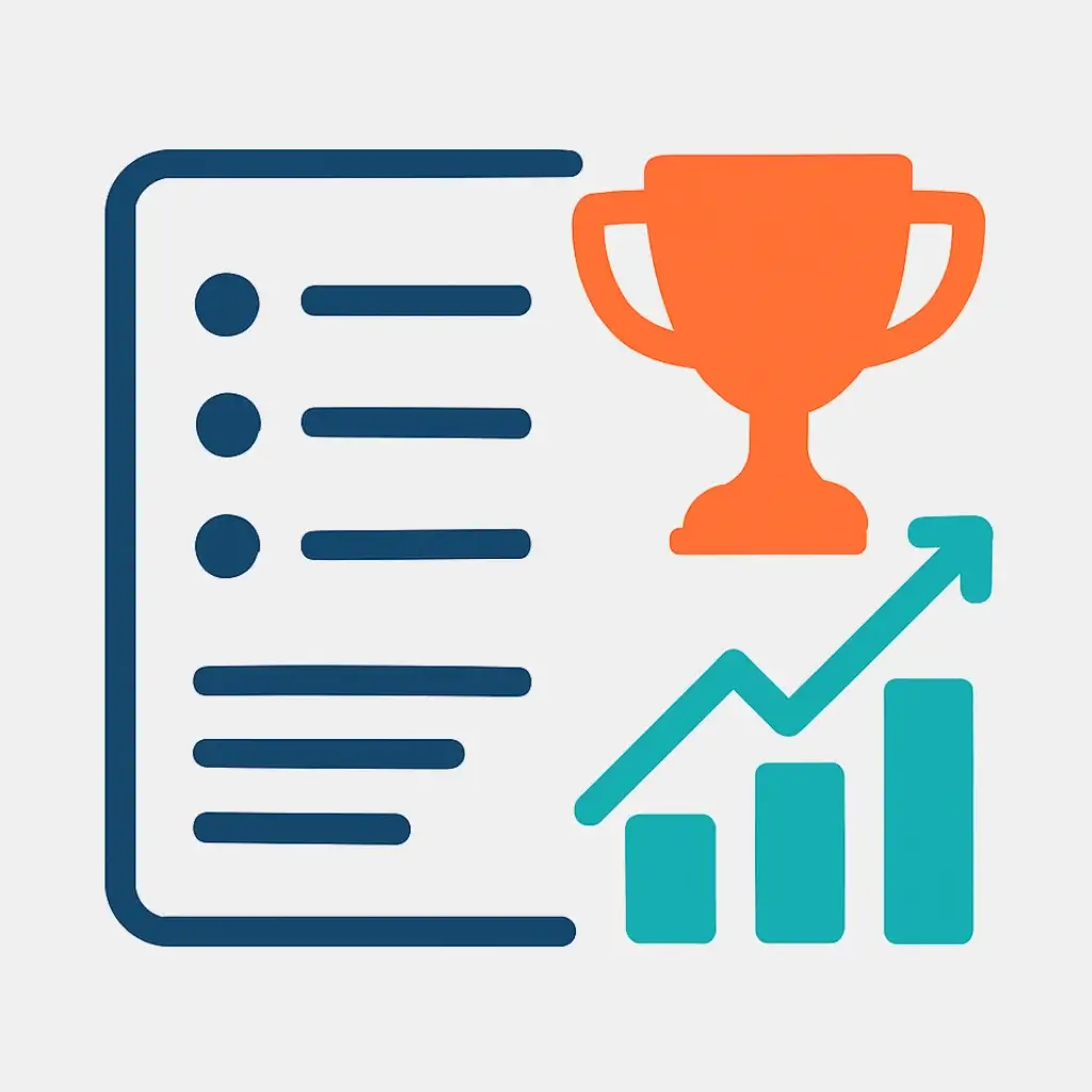 An icon of a bulleted list next to a trophy and a chart, illustrating the step of writing achievement-focused experience points.