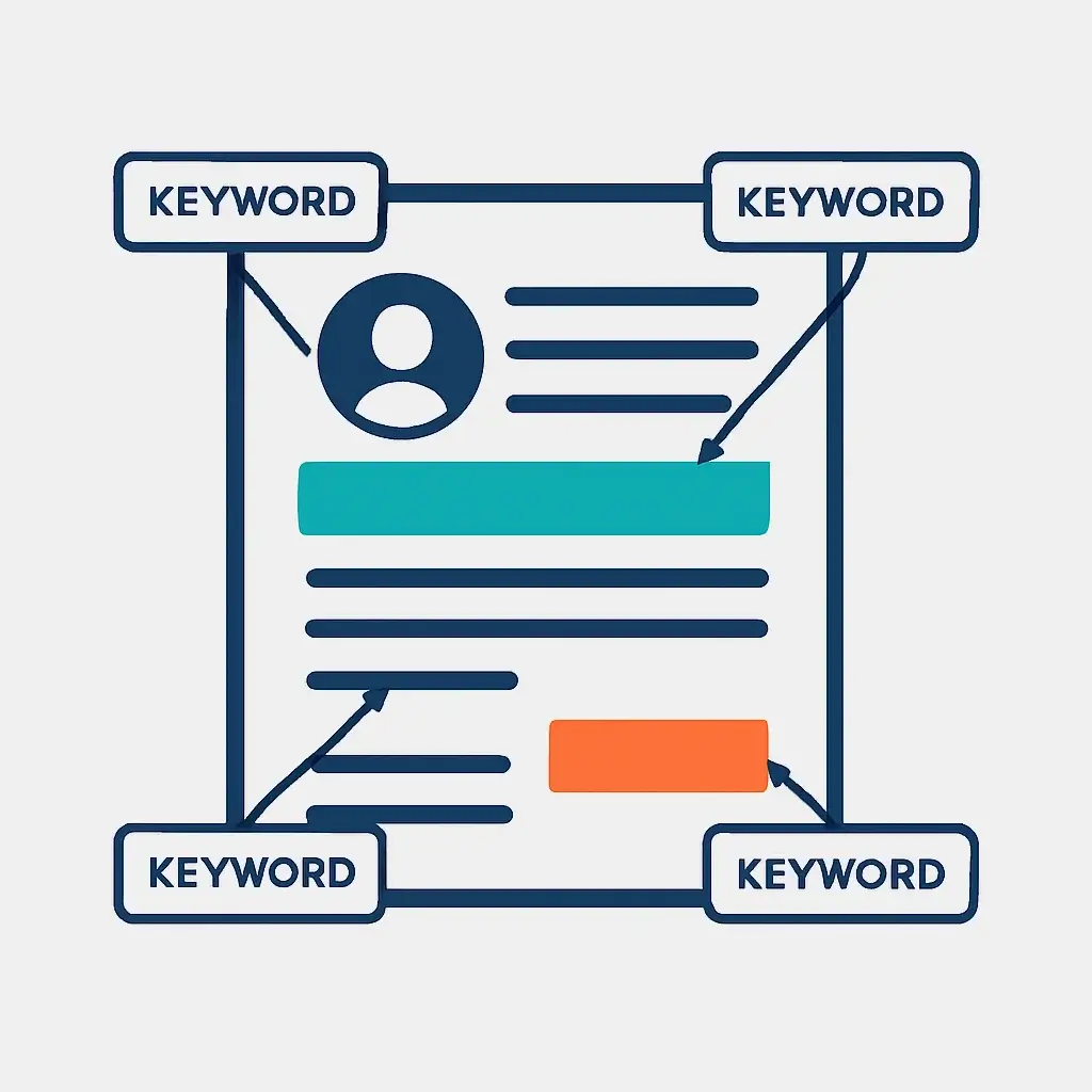 An icon of a resume summary highlighted with keywords, illustrating the step of crafting a keyword-rich professional summary.
