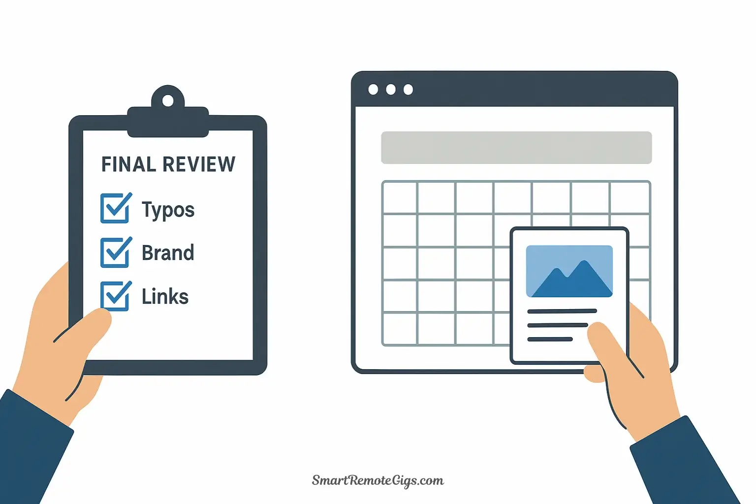 A vector illustration showing a checklist for reviewing social media content, with a hand then dragging the polished posts onto a scheduling calendar.