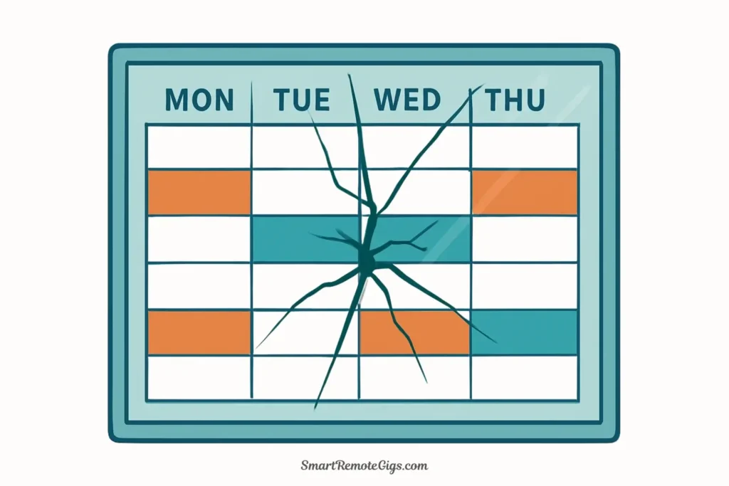 A vector illustration of a time-blocked calendar made of glass with a large crack running through it, representing a rigid schedule that shatters under pressure.