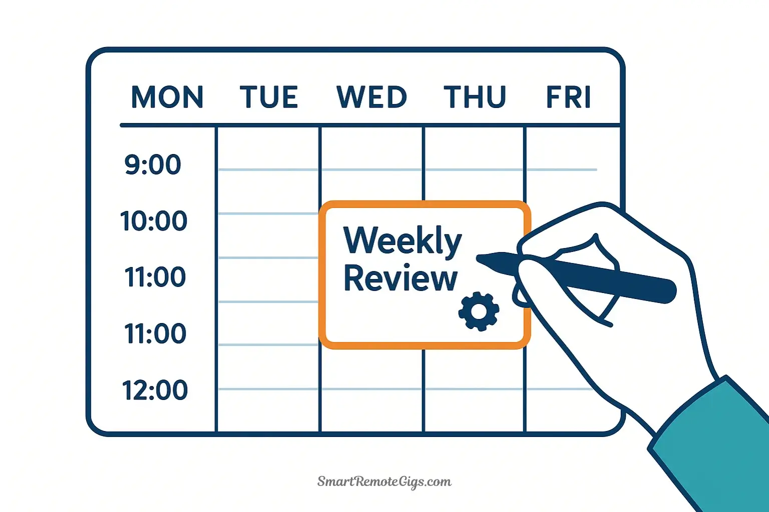 Illustration of scheduling a recurring weekly review on a calendar to maintain a second brain, showing a specific 30-minute time block highlighted in orange.