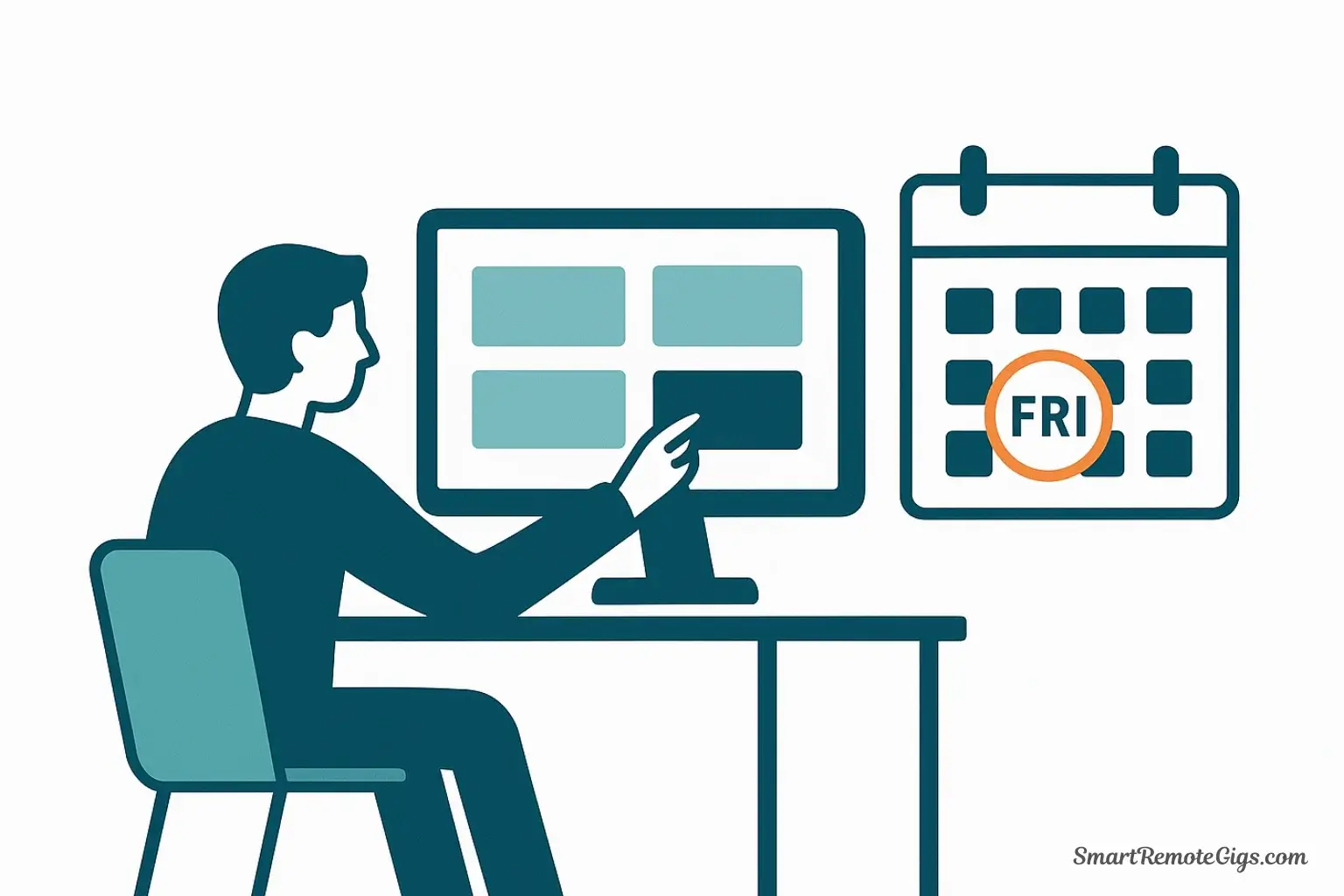 Illustration of a person doing a weekly review of their second brain, with a calendar icon signifying the scheduled habit.