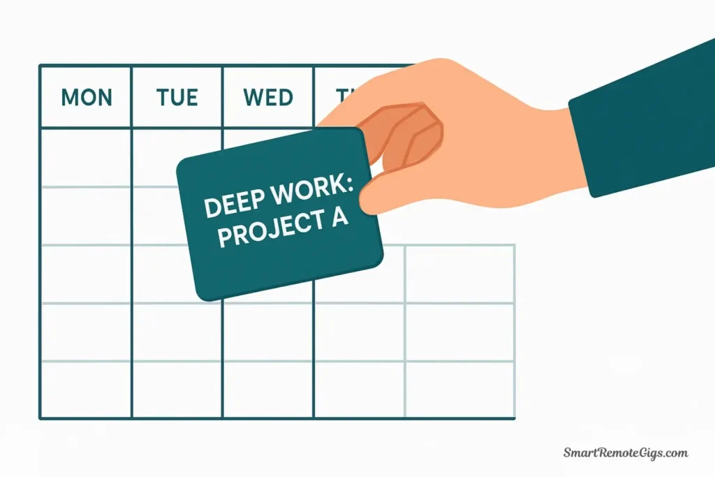 A vector illustration showing a hand placing a large 'Deep Work' block onto an empty digital calendar, symbolizing prioritizing important tasks first.