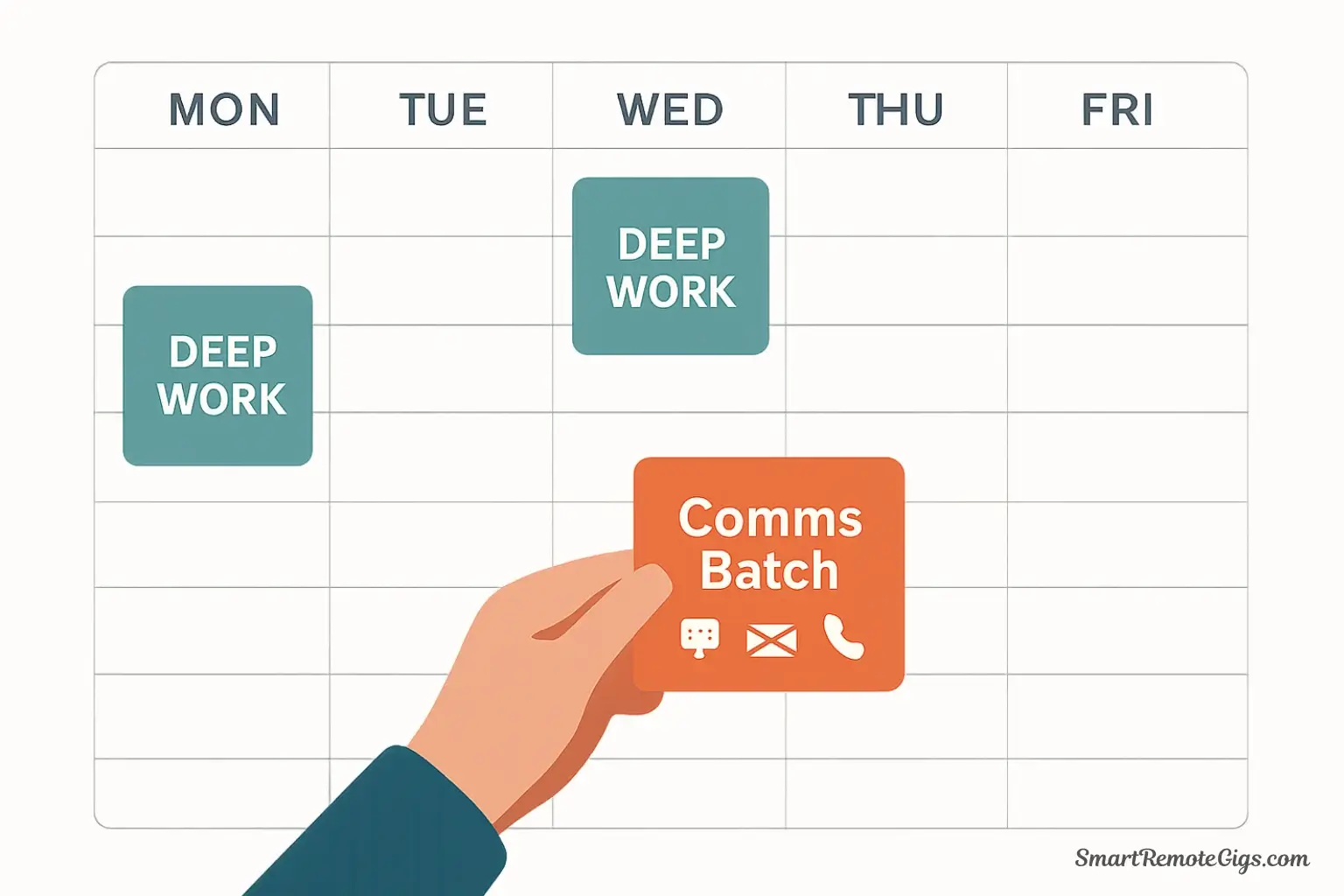 A vector illustration of a hand placing a 'Communications Batch' block onto a digital calendar, symbolizing the act of scheduling time for batched tasks.