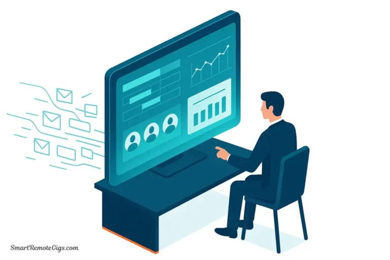 Illustration of a manager calmly interacting with a large digital dashboard that organizes projects, team members, and data, representing a second brain.