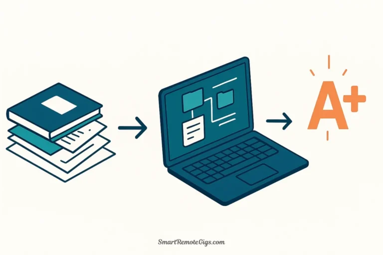 Illustration of a student's desk with scattered notes transforming into an organized digital system on a laptop, leading to a glowing 'A+' grade.