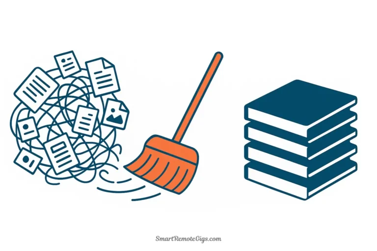 Conceptual illustration of a messy, tangled ball of digital files being swept clean into a neat, organized stack of folders, representing a second brain reset.