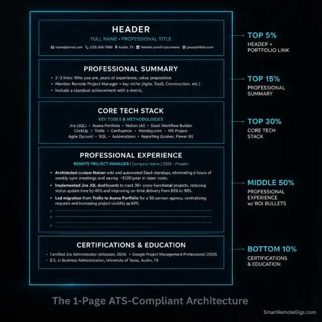 Wireframe blueprint of a 2026 single-page ATS-friendly remote project manager resume layout.