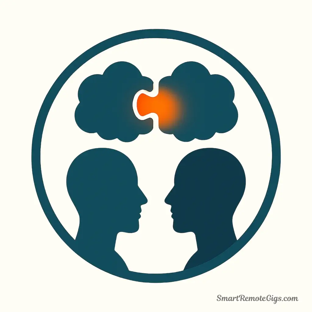 An icon for audience empathy, showing one person's thought bubble connecting and fitting perfectly with another person's thought bubble.