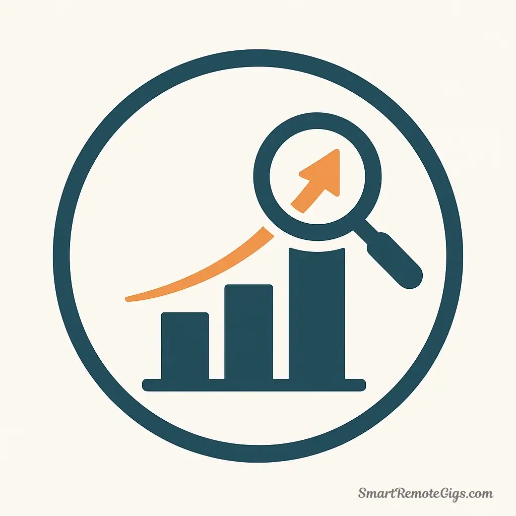 An icon representing the social media manager skill of data analysis, showing an upward-trending line graph with a magnifying glass over it.