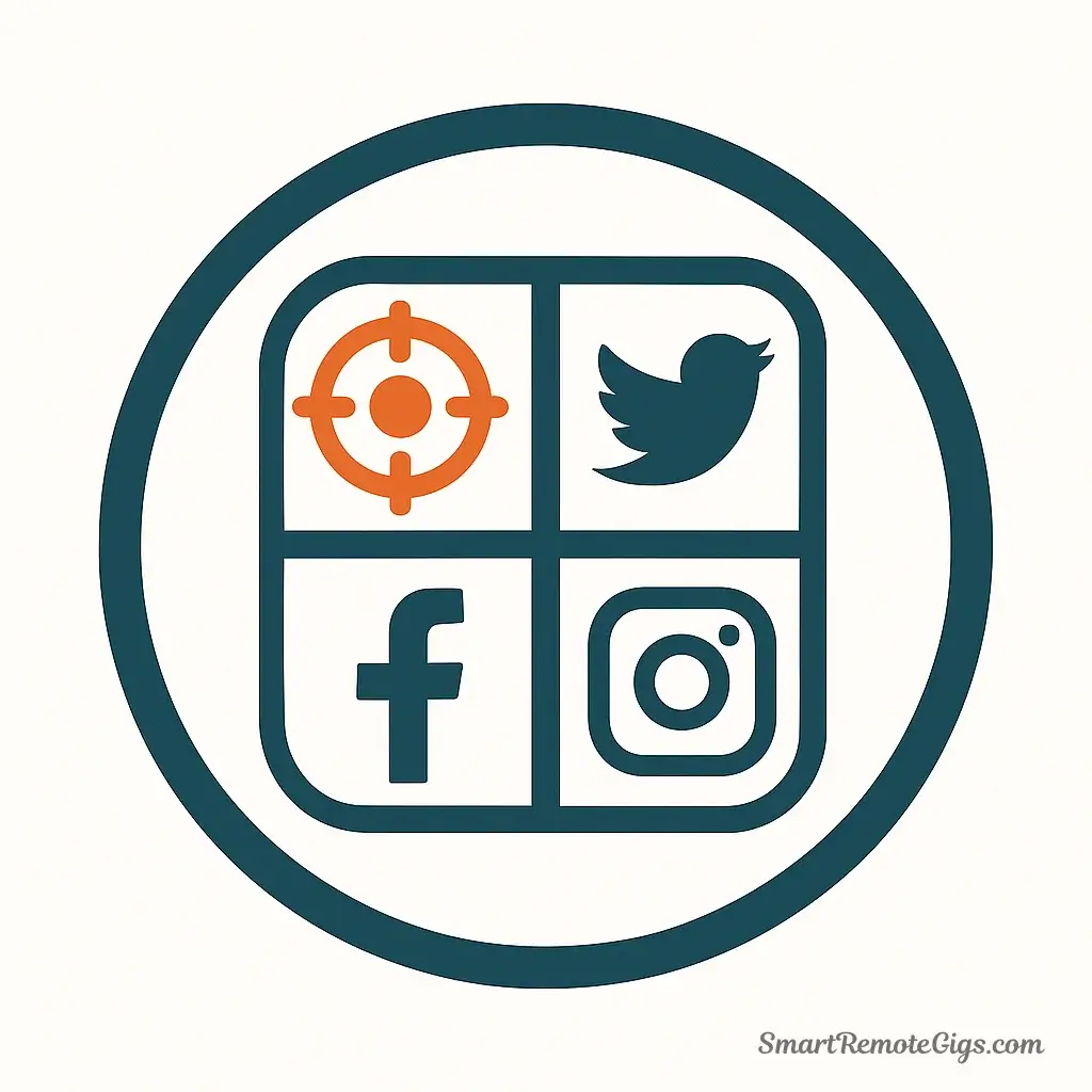 An icon for platform-specific expertise, showing a focused target on one social media icon among several others.