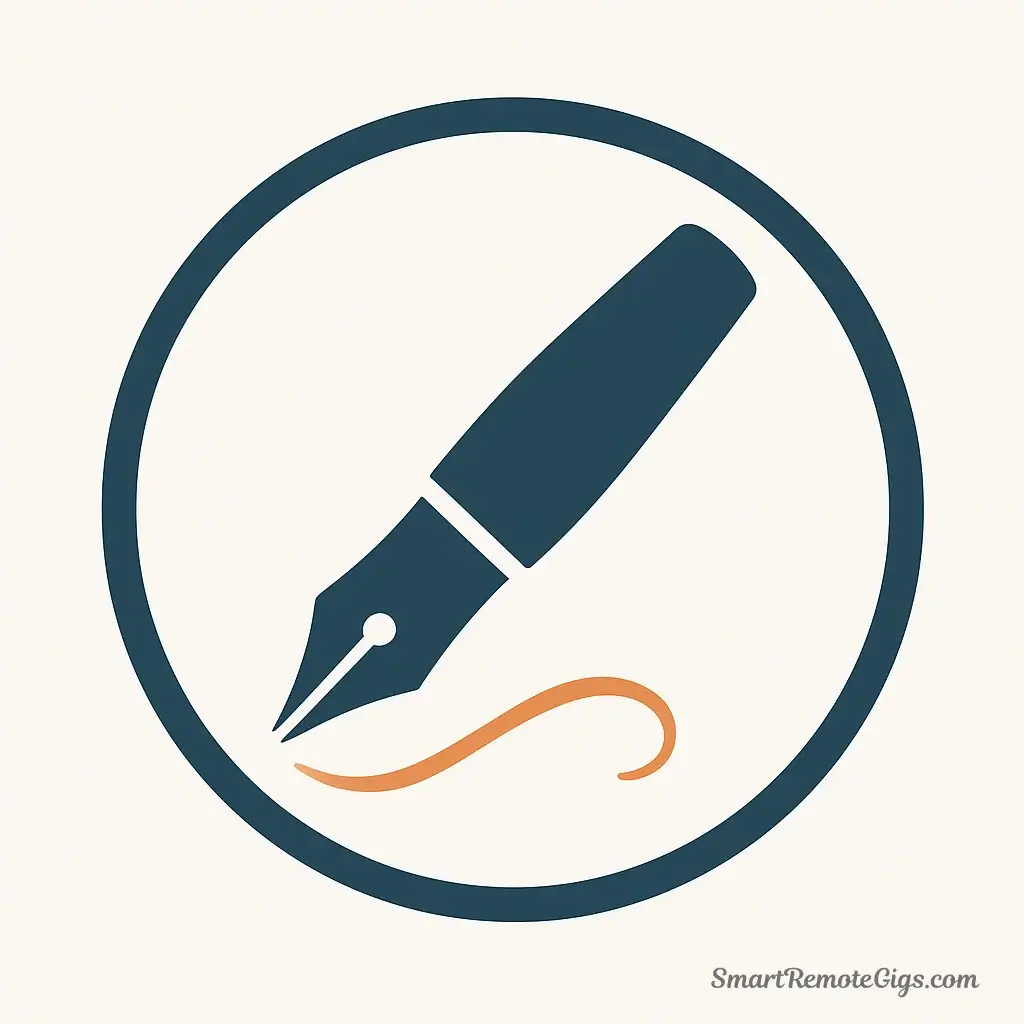 An icon representing the social media manager skill of strategic copywriting, showing a fountain pen creating a sparkling, engaging line of text.