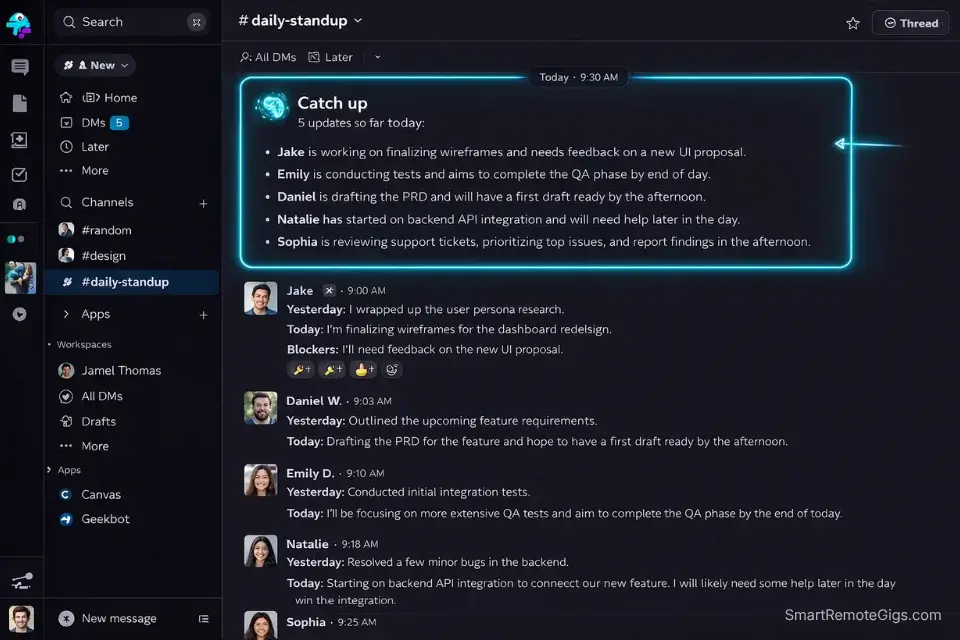 Screenshot of a Slack AI async daily standup digest replacing traditional morning Zoom meetings for remote project managers.