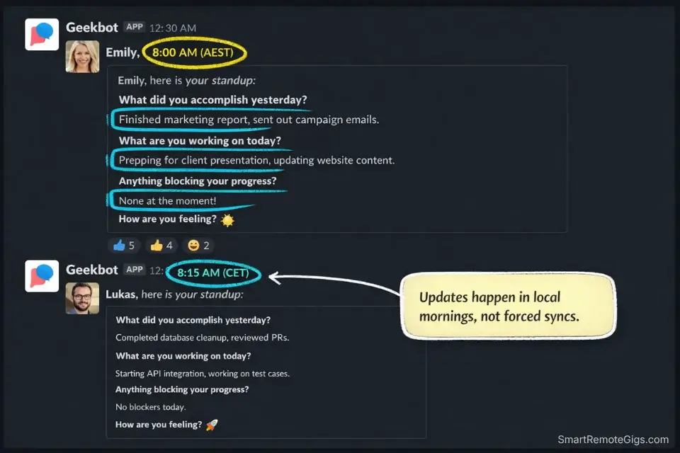 Screenshot of an automated Slack async standup showing remote team members updating at their own local morning times across different time zones.