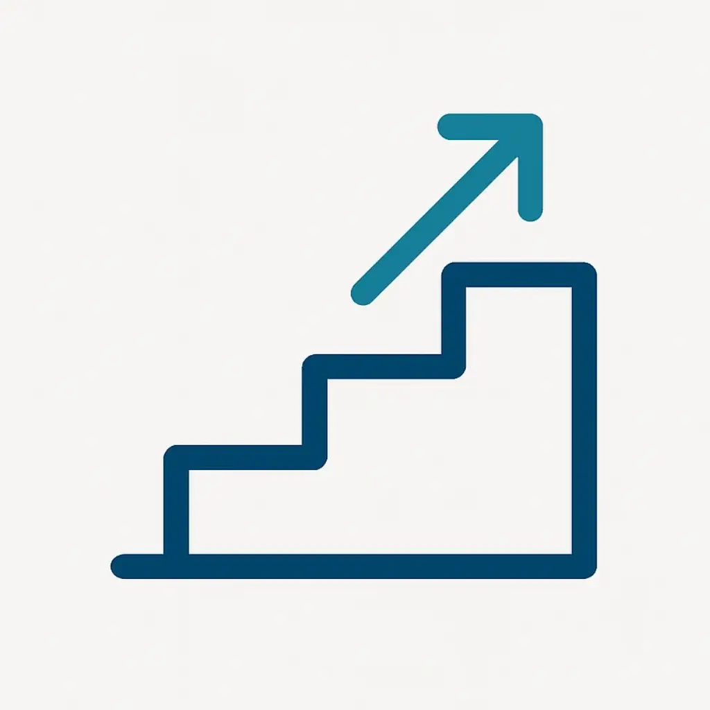 A clean line art icon of a simple staircase or set of steps leading upwards, representing an achievable, step-by-step goal.
