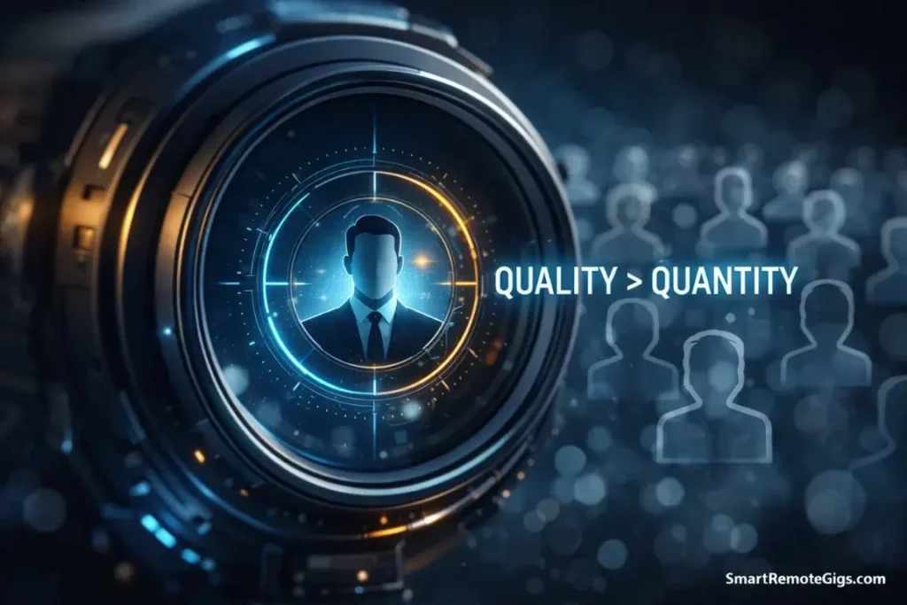 A digital scope focusing on one high-quality lead amongst a crowd, symbolizing the sniper approach to building email lists.