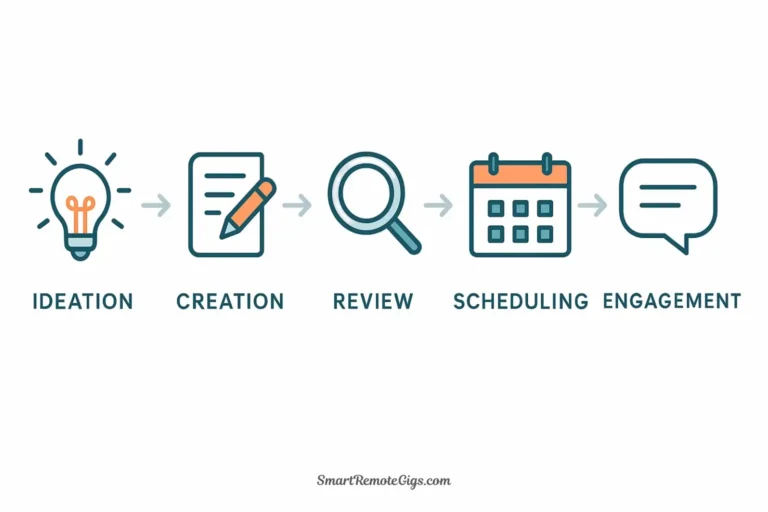 An infographic vector illustration showing the five phases of the social media batching system, from a lightbulb for ideas to a scheduled calendar.