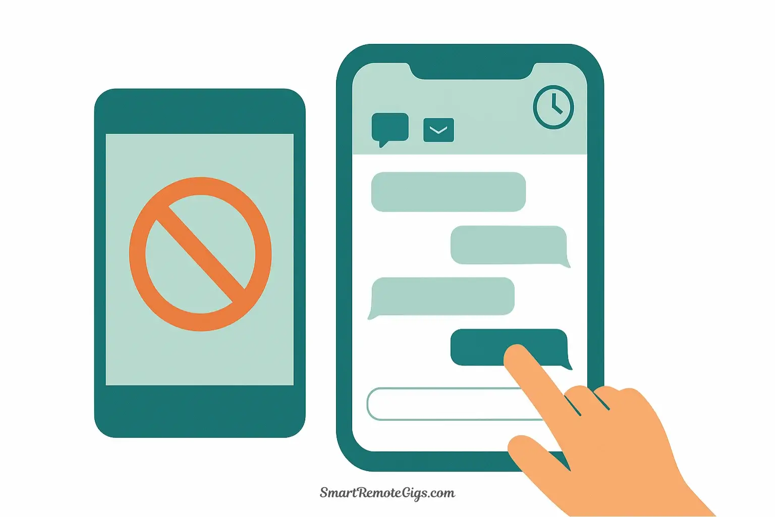 A vector illustration of a focused engagement batch, with a hand responding to comments inside a dedicated time block, while the distracting social media feed is blocked out.