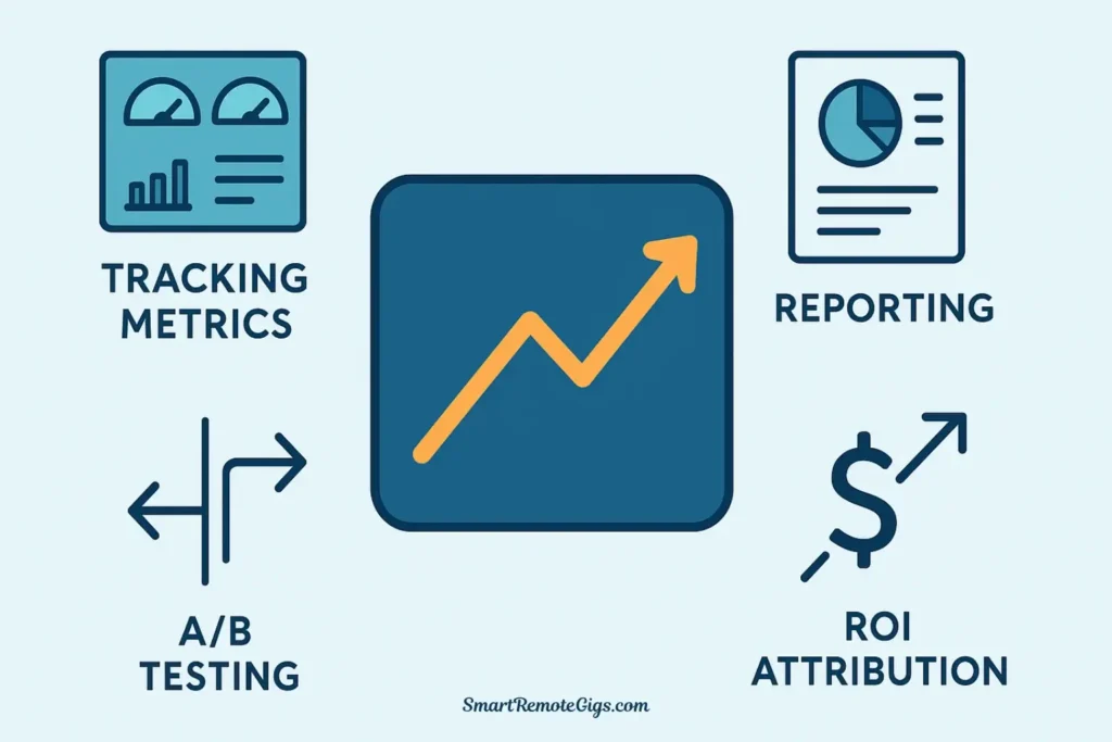 An icon-based illustration for the Analyst & Reporter pillar, showing a central line graph icon surrounded by smaller icons for performance tracking, reporting, and A/B testing.