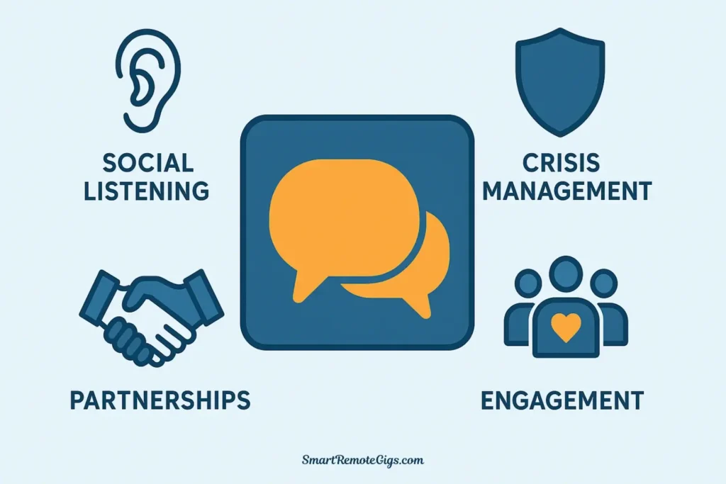 An icon-based illustration for the Community Manager pillar, showing central speech bubble icons surrounded by smaller icons for social listening, crisis management, and relationship building.