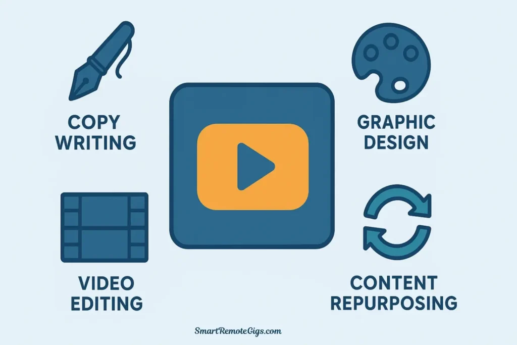 An icon-based illustration for the Content Creator pillar, showing a central video play button icon surrounded by smaller icons for copywriting, graphic design, and video editing.