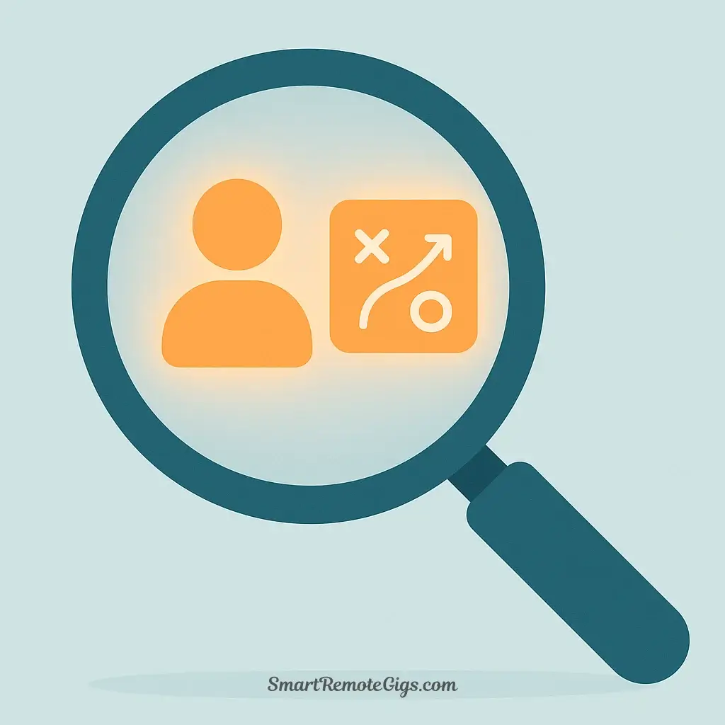 An illustration of a large magnifying glass examining icons that represent audience personas and strategy blueprints, symbolizing the foundational research step of becoming a social media manager.