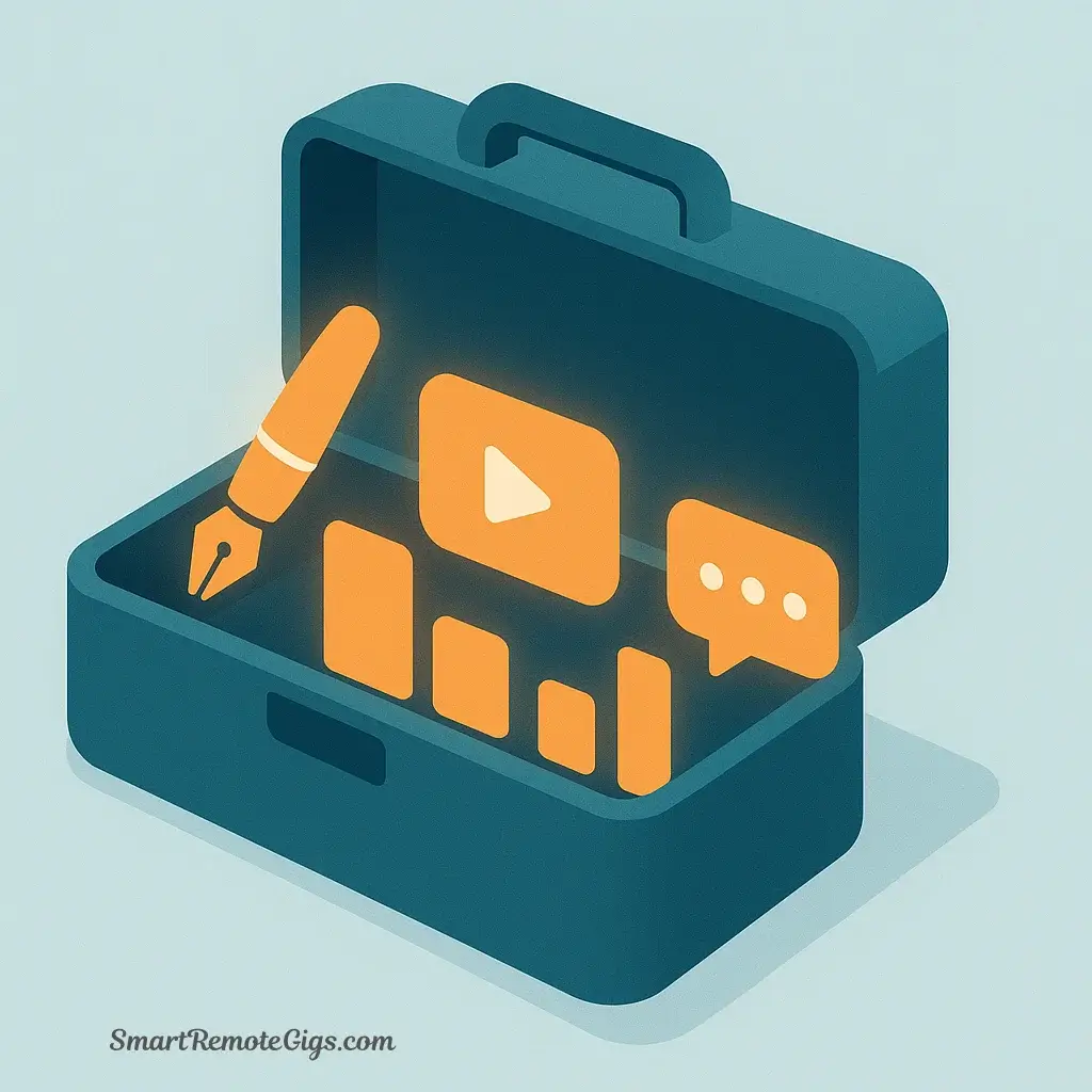 A modern digital toolbox filled with glowing icons that represent key social media manager skills, such as a pen for copywriting, a play button for video, and a chart for analytics.
