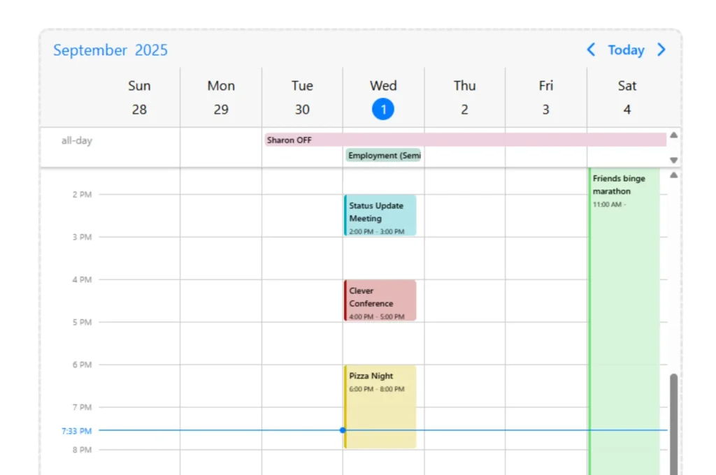 Screenshot of a social media scheduling tool's calendar, showing a full week of posts created with AI scheduled for automated publishing.
