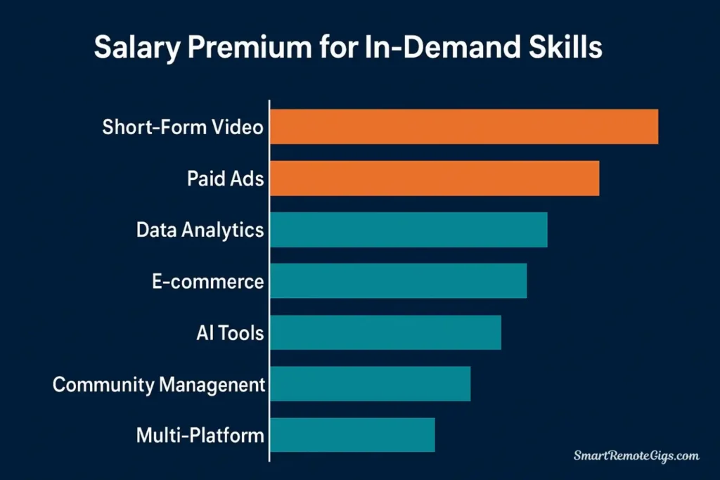 A horizontal bar chart showing the salary premium for niche social media skills, with Short-Form Video Editing at the top (+18-25%) and Paid Social Advertising second (+15-22%).
