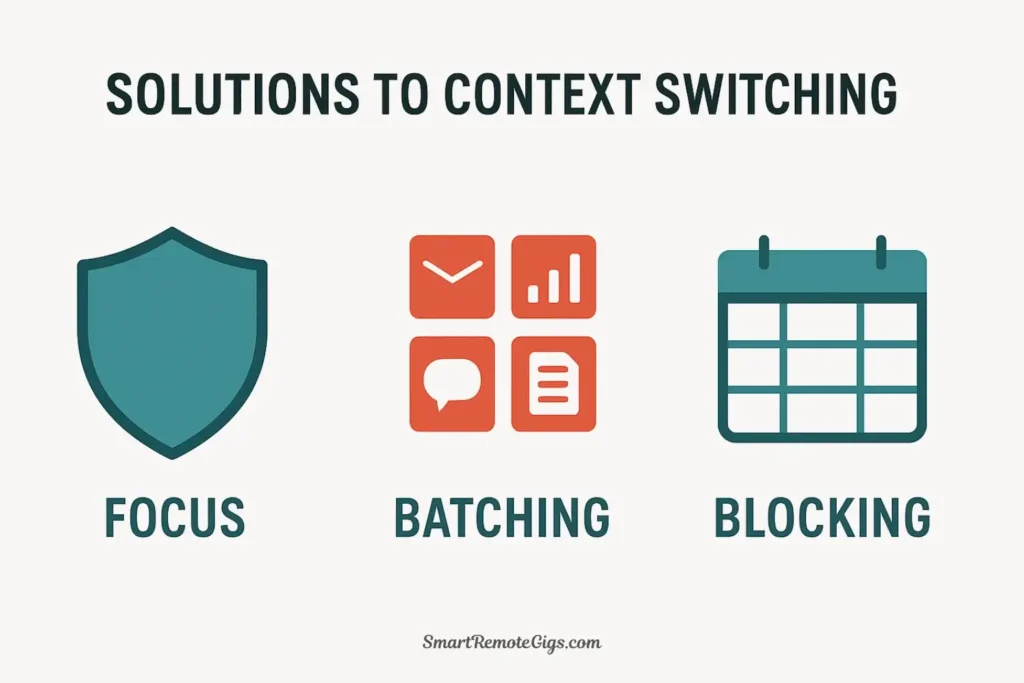 A vector illustration showing three solutions to context switching: a shield for a distraction-free environment, grouped tasks for batching, and a structured calendar for time blocking.
