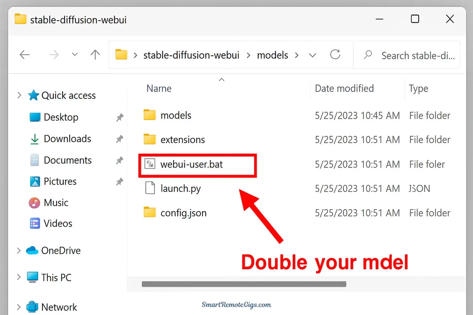 Screenshot showing the 'webui-user.bat' file in the Automatic1111 folder, which is used to launch Stable Diffusion.