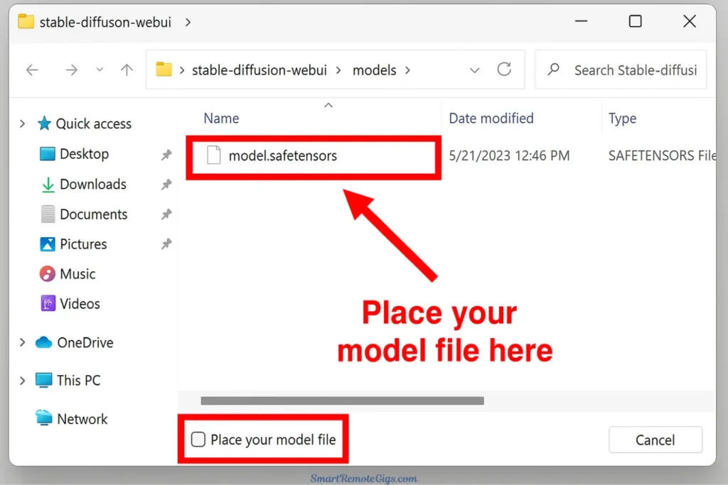 Screenshot of the Automatic1111 folder structure, showing where to place the Stable Diffusion model file (.safetensors).