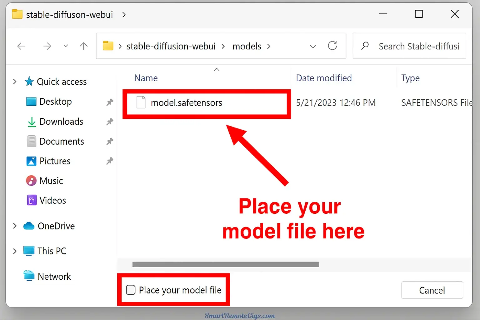 Screenshot of the Automatic1111 folder structure, showing where to place the Stable Diffusion model file (.safetensors).