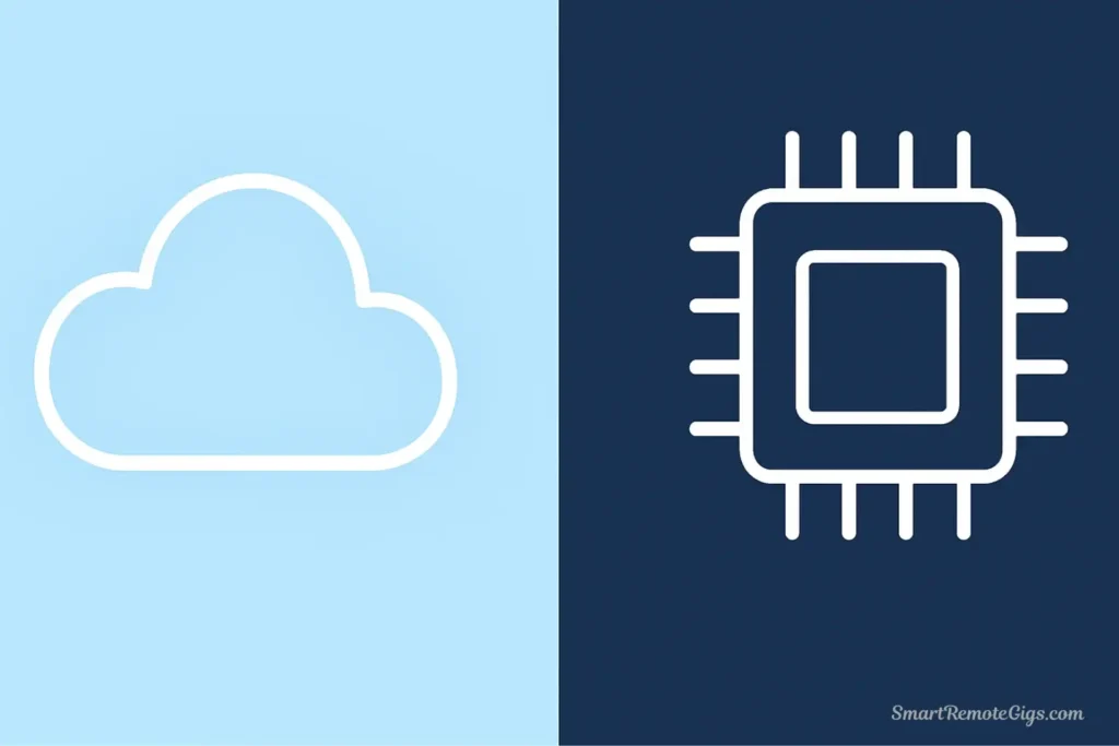 A split image showing a simple cloud icon for cloud services and a complex microchip for local installation of Stable Diffusion.