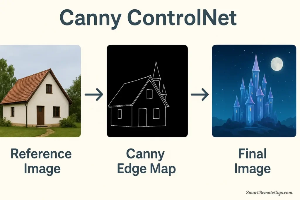 A demonstration of ControlNet Canny, showing a photo of a house, the extracted edge map, and the final AI image of a fantasy castle with the same composition