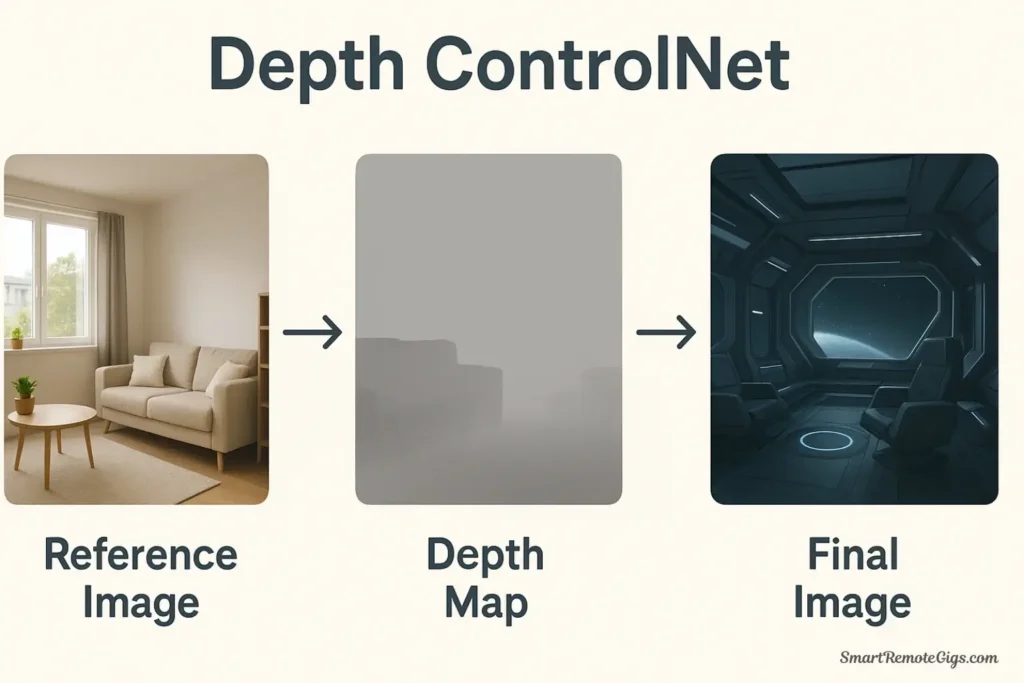 A demonstration of ControlNet Depth, showing a photo of a living room, its 3D depth map, and a final sci-fi interior with the same spatial layout.