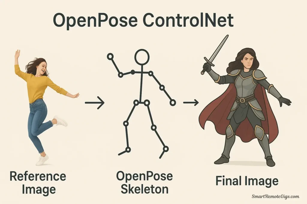 A three-part image demonstrating ControlNet OpenPose: a reference photo of a pose, the extracted skeleton, and the final AI-generated character in that exact pose.