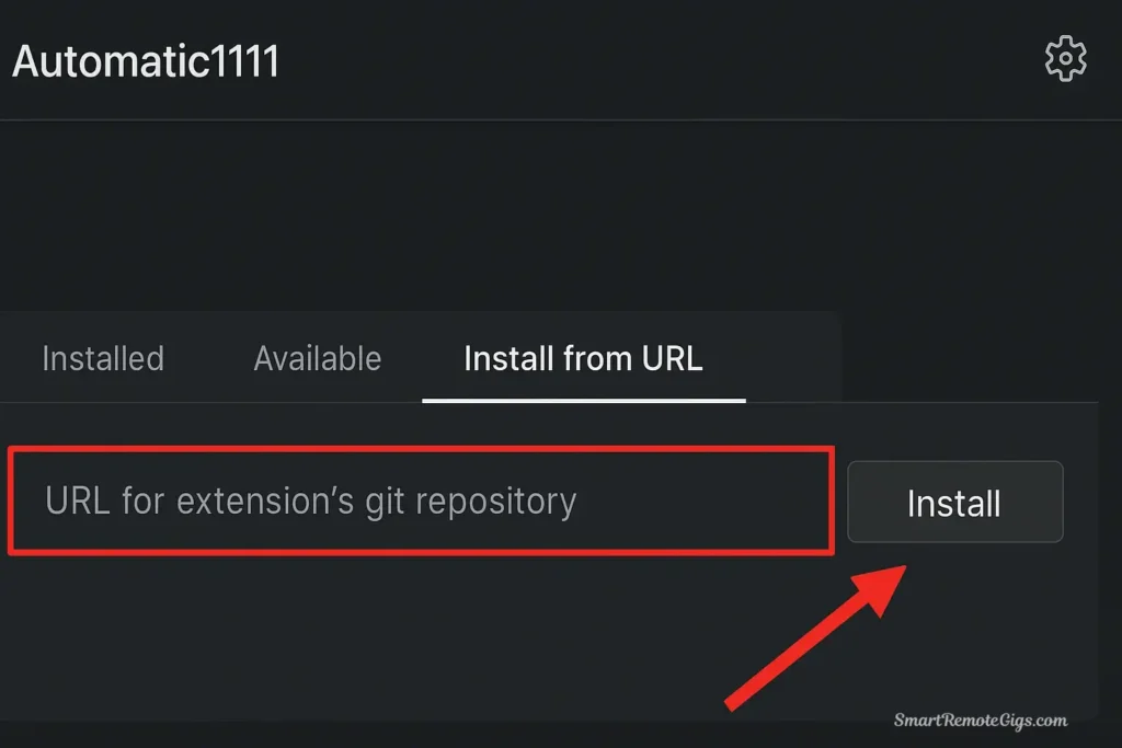 Screenshot of the Automatic1111 Extensions tab, showing how to install the ControlNet extension from a URL.