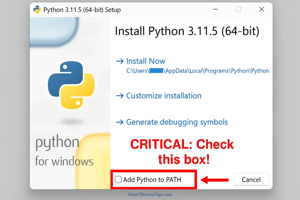 Screenshot of the Python installer for Stable Diffusion, with a red box highlighting the critical 'Add Python to PATH' checkbox.