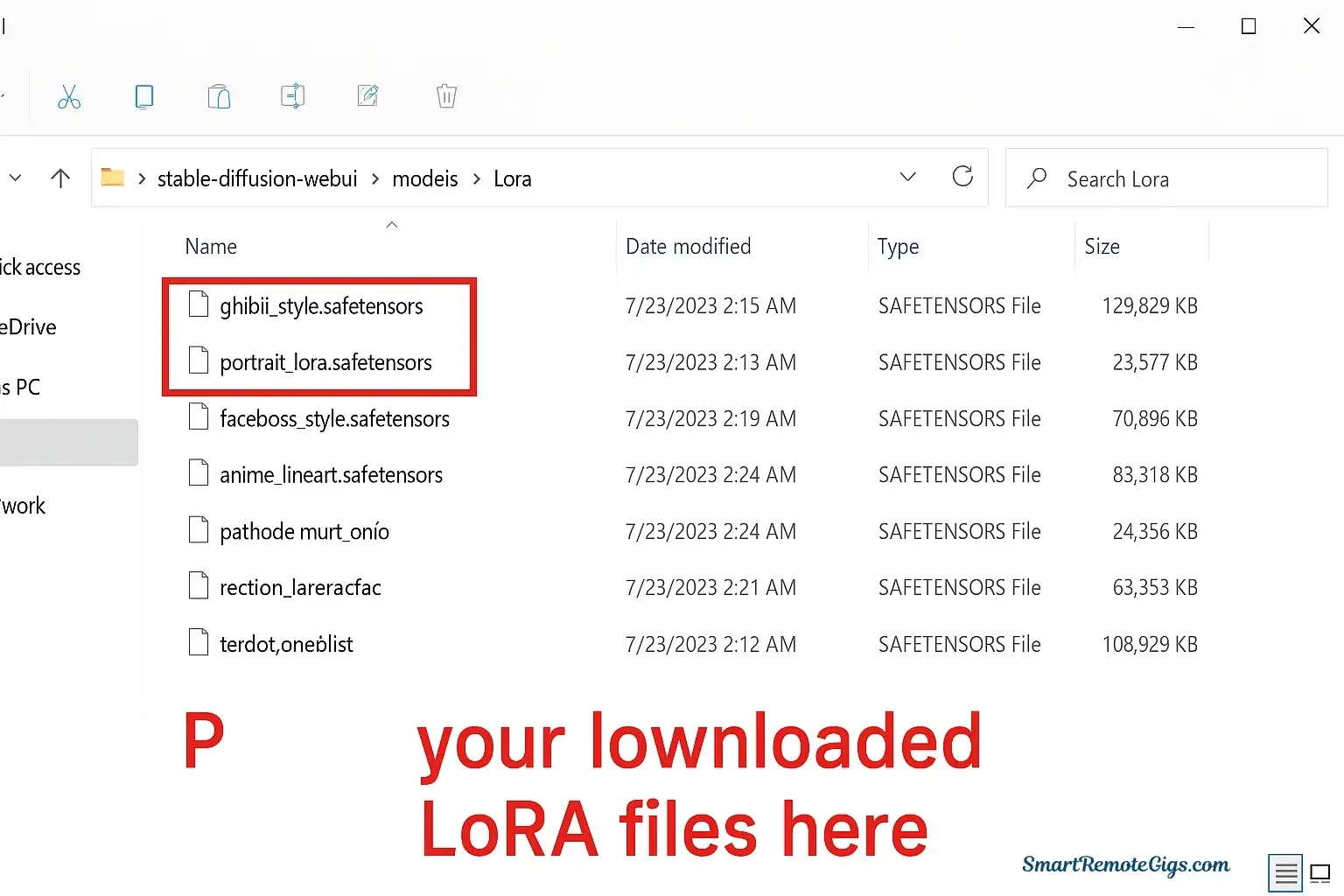 Screenshot of the Stable Diffusion folder structure, showing the correct 'Lora' folder where .safetensors files should be placed.